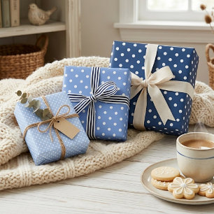 Chic Dark Light Blue White Polka Dots Pattern Wrapping Paper Sheet