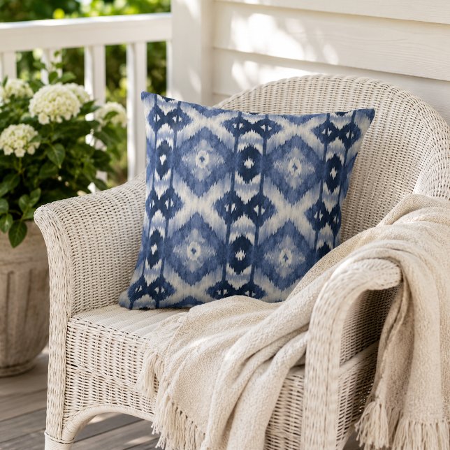 Chic Dark Navy Blue White Ikat Tribal Art Pattern Outdoor Pillow (Creator Uploaded)