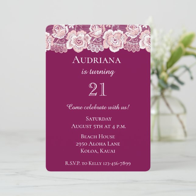 Chic Dark Pink Floral Lace Birthday Invitation (Standing Front)