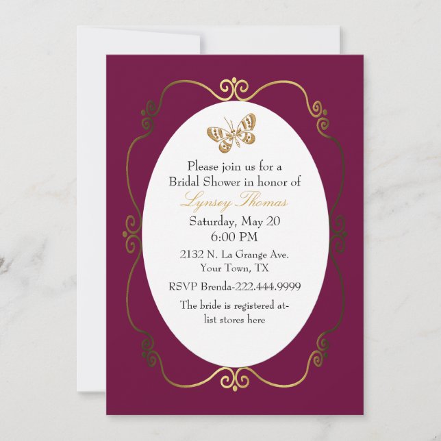 Chic Dark Raspberry & Gold Custom Bridal Shower Invitation (Front)