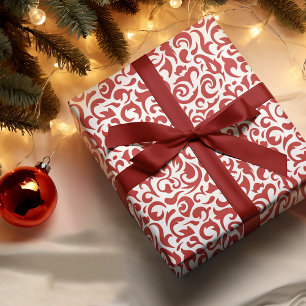 Chic Dark Red White Damask Floral Pattern Wrapping Paper
