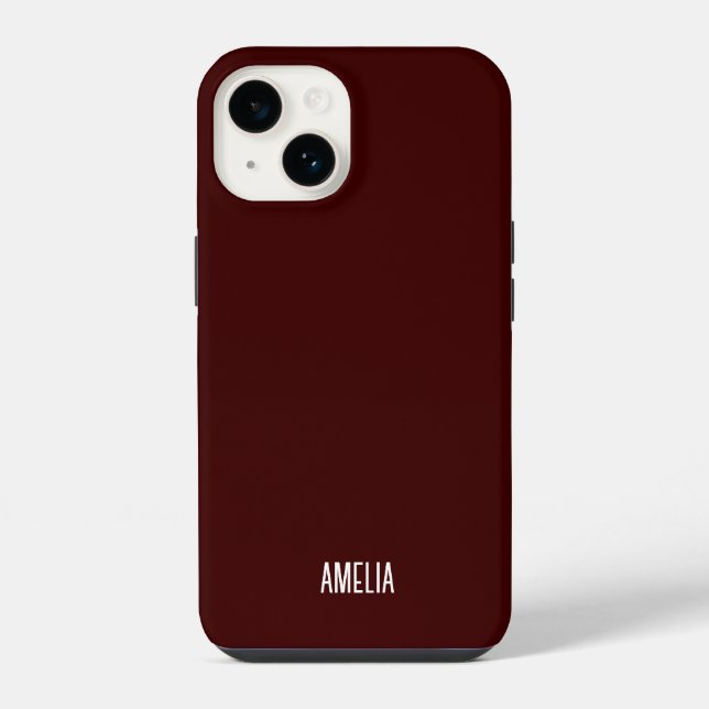 Chic Dark Red &White script Personalized Name iPhone Case (Back)