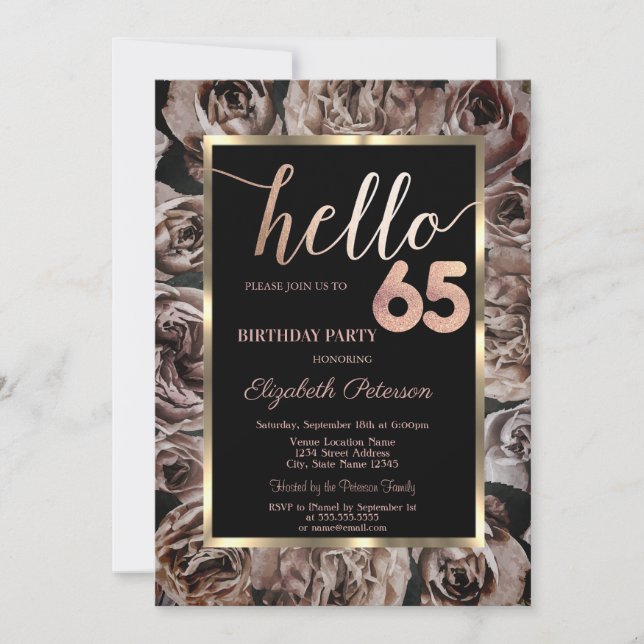 Chic Dark Roses Black 65th Birthday  Invitation (Front)