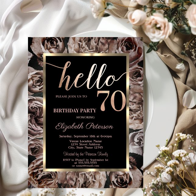 Chic Dark Roses Black 70th Birthday  Invitation (Creator Uploaded)