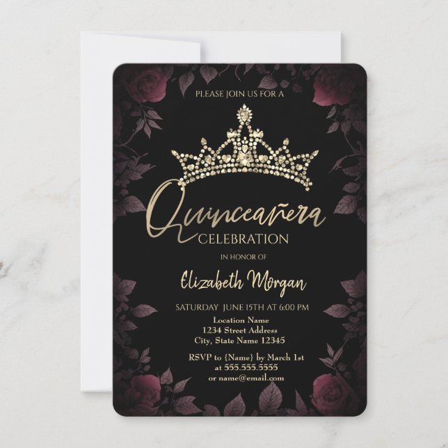 Chic Dark Roses Leaves Quinceañera  Invitation (Front)