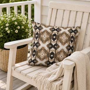 Chic Dark Taupe Brown White Ikat Pattern Outdoor Pillow