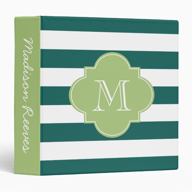 Chic Dark Teal and Green Striped Custom Monogram Binder (Front/Spine)