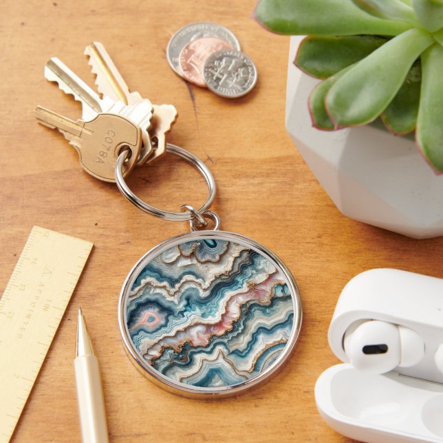 Chic Dark Teal Blue Blush Pink Gold Marble Pattern Keychain (Desk)