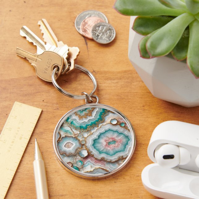Chic Dark Teal Blue Blush Pink Gold Marble Pattern Keychain (Desk)