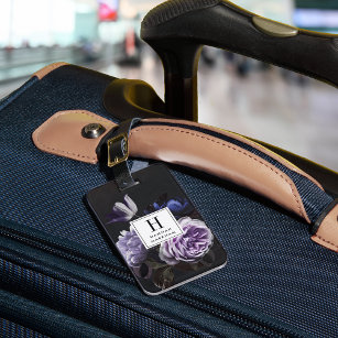Chic Dark Violet Floral Bouquet Monogram Luggage Tag
