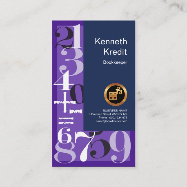 Chic Debit Credit Purple Numbers Bookkeeping Business Card (Front)