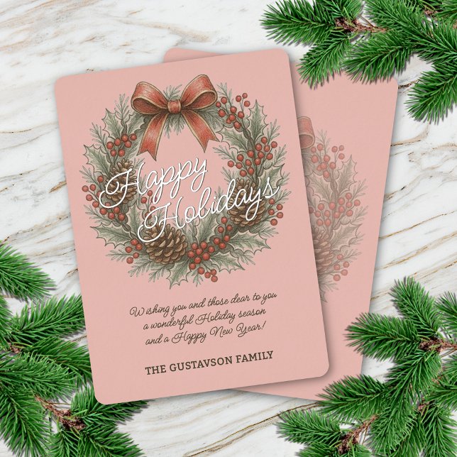 Chic December Holly Wreath With Red Bow On Silver Foil Holiday Card (Creator Uploaded)