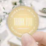 Chic Deco Typography Thank You Faux Gold Foil Classic Round Sticker<br><div class="desc">Add an elegant touch to wedding thank you cards and reception party favours with round customized stickers / envelope seals. All wording on this template is simple to personalize for a bridal shower, anniversary, vow renewal or other occasion. The text in a circle can be changed to a name and...</div>