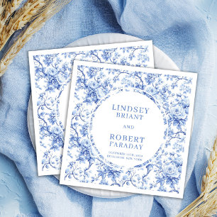 Chic Deep Blue Toile Roses Custom Wedding Napkins