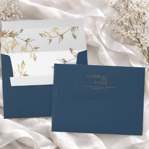 Chic Deep Blue with White and Gold Floral Wedding Envelope