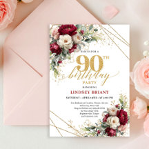 Chic Deep Red Gold Roses 90th Birthday Invitation