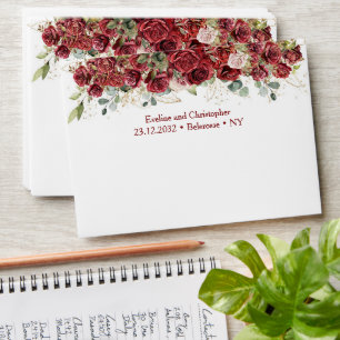 Chic deep red merlot blush greenery gold envelopes