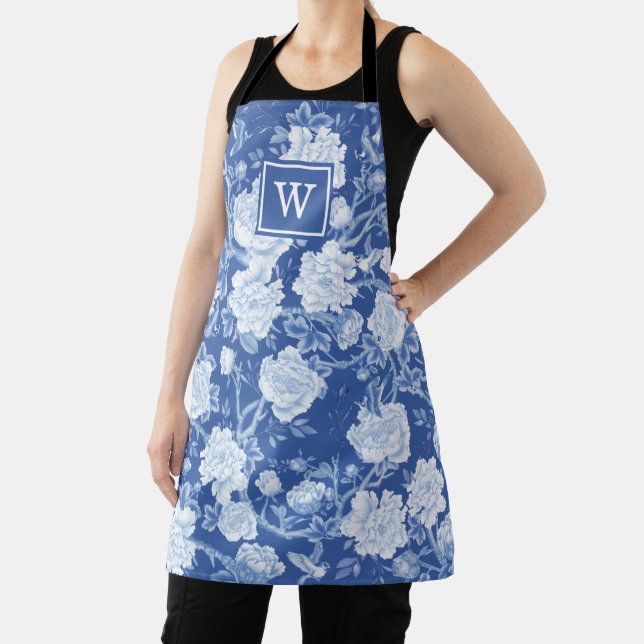 Chic Delft Blue White Chinoiserie Flower Monogram Apron (Insitu)