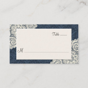 Chic Denim Damask & Ivory Lace Wedding Escort Card