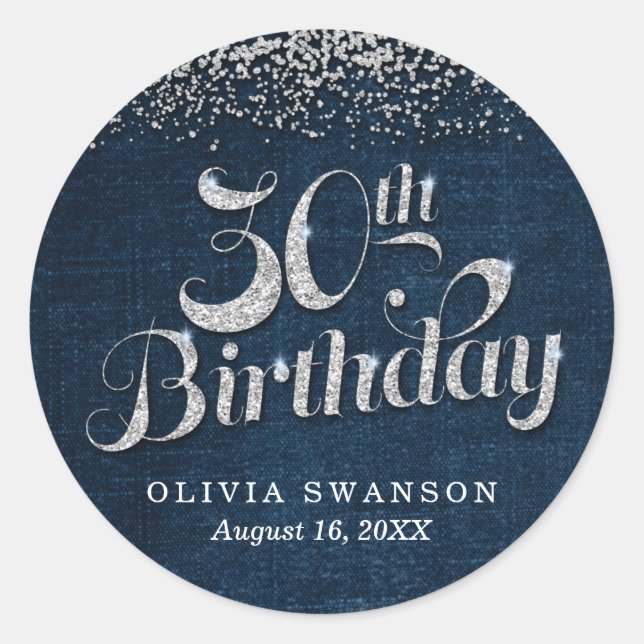 Chic Denim & Diamonds 30th Birthday Classic Round Sticker (Front)