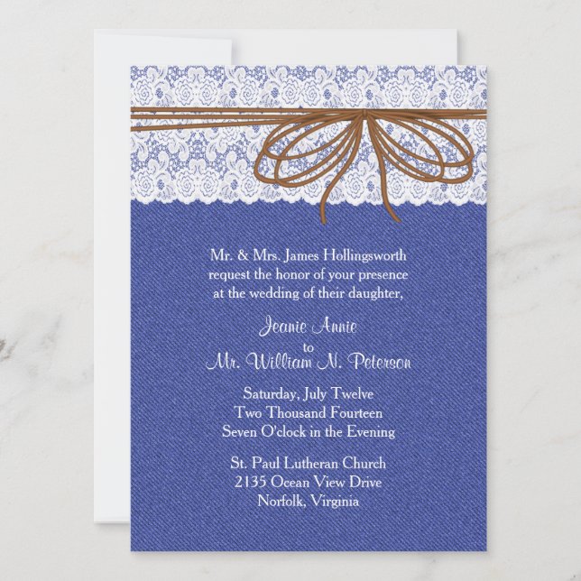 Chic Denim et Lace Faire-part de mariage (Devant)
