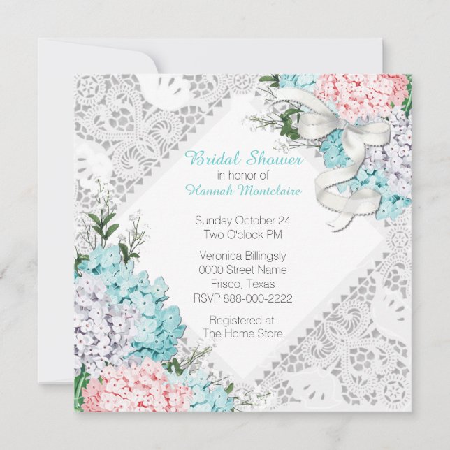 Chic dentelle et Hydrangeas Invitation de la douch (Devant)