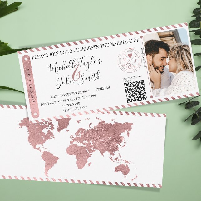 Chic Destination Mariage Carte d'embarquement Code (rose gold world map boarding pass ticket invitation)