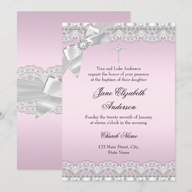 Chic Diamond Lace Pink Baptism Invite (Front/Back)