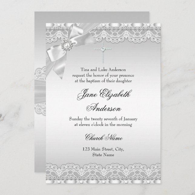 Chic Diamond Lace Silver Baptism girl/boy Invitation (Front/Back)
