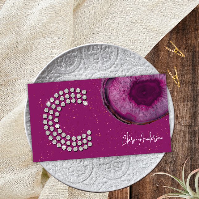 Chic Diamond Plum Agate Initial Letter C Monogram Business Card (Front)