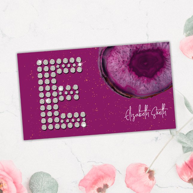 Chic Diamond Plum Agate Initial Letter E Monogram Business Card (Front)