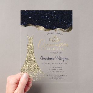 Chic Diamonds Dress, Gold Tiara,Black Glitter Acrylic Invitations