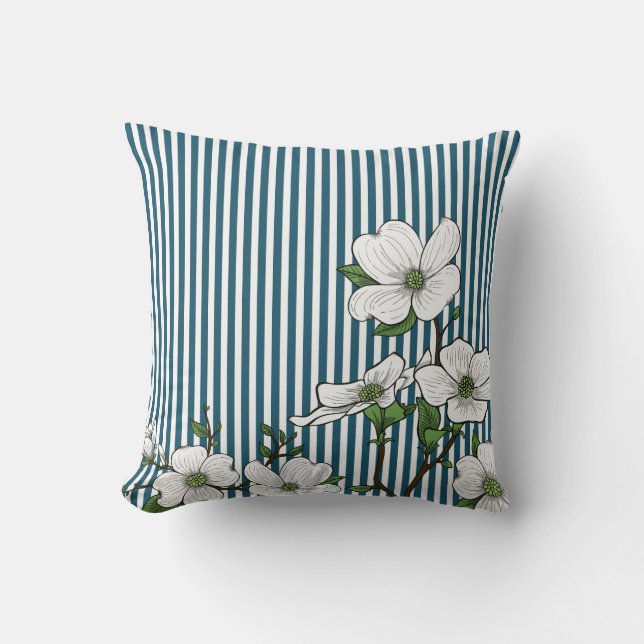 Chic Dogwood Blossoms & Stripes Throw Pillow (Front)