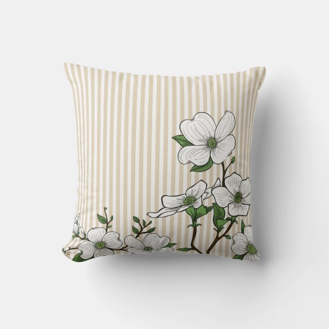 Chic Dogwood Blossoms & Stripes Throw Pillow (Front)