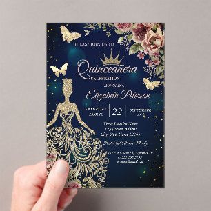 Chic Dress,Butterfly Floral Stars Blue Quinceañera Acrylic Invitations