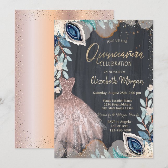 Chic Dress,Flowers, Rose Gold Quinceanera Invitation (Front/Back)