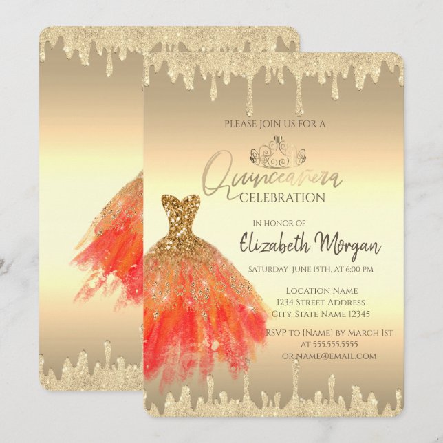 Chic Dress,Glitter Drips Gold Quinceañera Invitation (Front/Back)