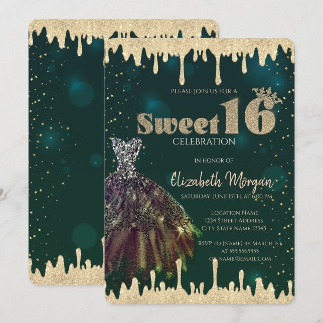 Chic Dress,Glitter Drips Green Sweet 16  Invitation (Front/Back)