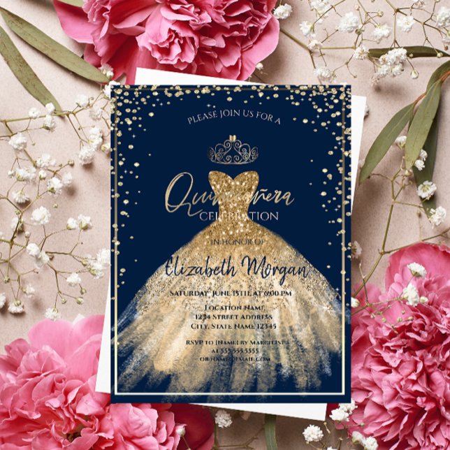 Chic Dress Gold Tiara,Diamonds Quinceañera Invitation (Creator Uploaded)