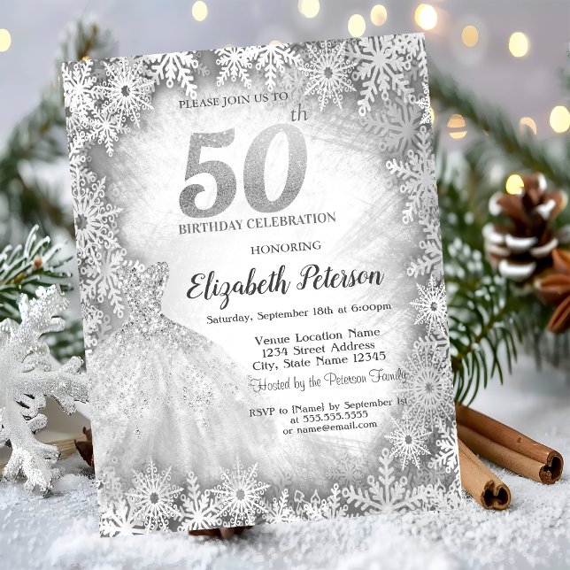 Chic Dress Snowflakes Winter 50th Birthday Invitation (Creator Uploaded)