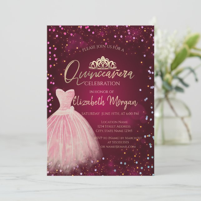 Chic Dress Tiara,Diamonds Burgundy Quinceañera Invitation (Standing Front)