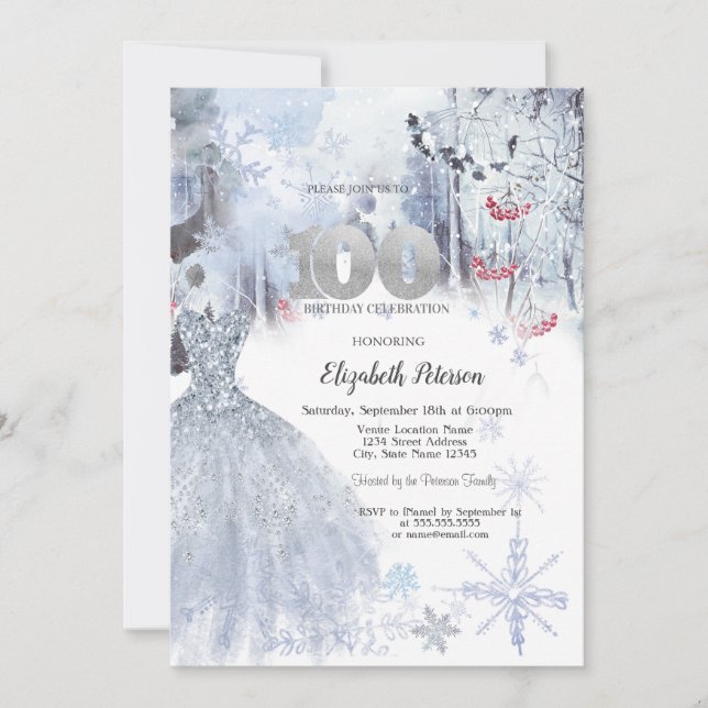 Chic Dress Winter Landscape 100th Birthday  Invitation (Front)