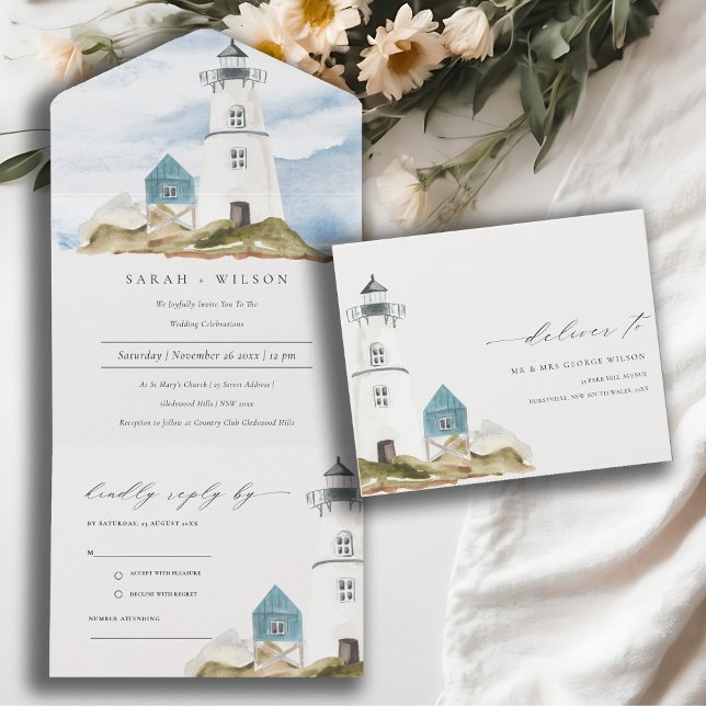 Chic Dusky Aqua Blue Lighthouse Mountain Wedding All In One Invitation (Creator Uploaded)