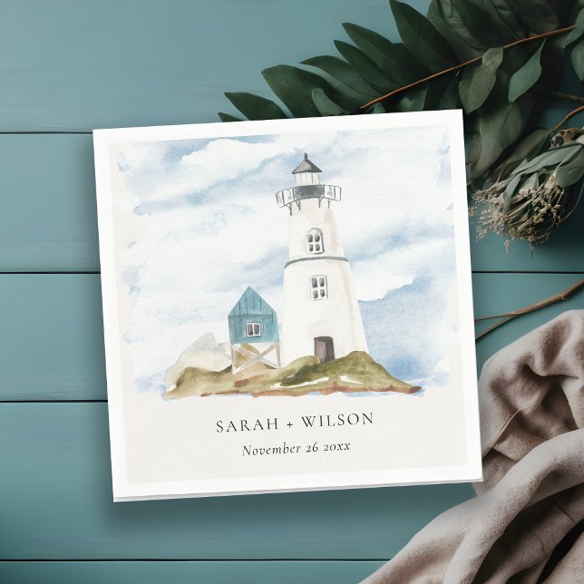 Chic Dusky Aqua Blue Lighthouse Mountain Wedding Napkin (Creator Uploaded)