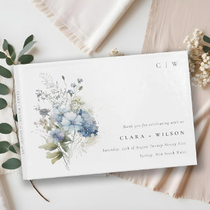 Chic Dusky Blue Cottage Watercolor Floral Wedding Guest Book