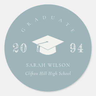 Chic Dusky Blue Grey Minimal Simple Graduation Classic Round Sticker