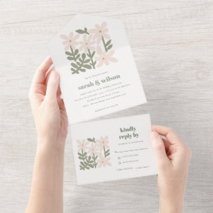 Chic Dusky Blush Retro Minimal Floral Wedding All In One Invitation