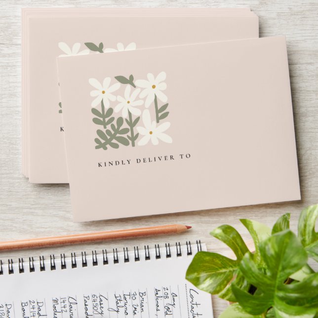 Chic Dusky Blush Retro Minimal Floral Wedding Envelope (Stacked)