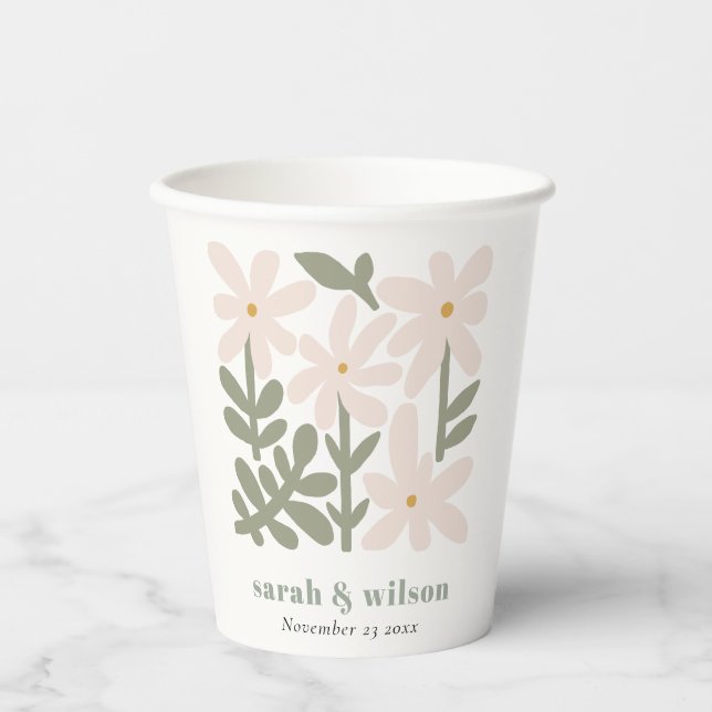 Chic Dusky Blush Retro Minimal Floral Wedding Paper Cups (Front)
