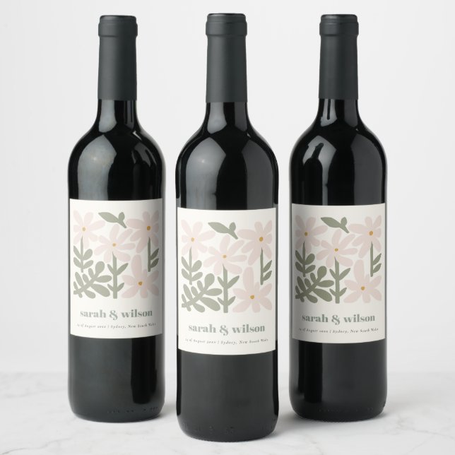 Chic Dusky Blush Retro Minimal Floral Wedding Wine Label (Bottles)